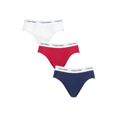 Image of Mens 3 Pack Calvin Klein Cotton Stretch Hip Briefs White / Red Ginger Pyro Blue Extra Small