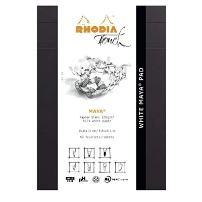 Image of RHODIA TOUCH 116102C White Maya Pad A5 50 Sheets Clairefontaine Plain Paper 120 g/m for Calligraphy and Precise Drawing with Pencil, Liner, Pen