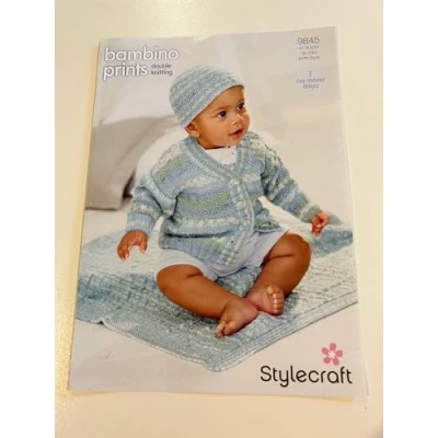 Image of Stylecraft Baby DK Knitting Pattern 9845 Cardigan, Hat &amp; Blanket