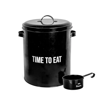 Image of Fisura Black time to eat Pet food container. feed container with lid and measuring Scoop. Metal for dogs cats. 11 lb capacity