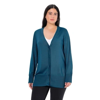 Image of Ulla Popken Women&#039;s Strickjacke, V Ausschnitt, Knopfleiste, Feinstrick Cardigan Sweater, Blue Green, 32 34