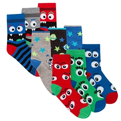 Image of Metzuyan Boys Novelty Cotton Rich Socks 9 Pairs Funky Characters Eyes Faces Space 6 8.5
