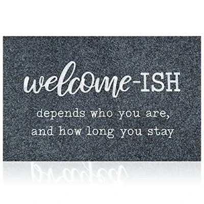 Image of JJUUYOU Welcome Mats for Front Door Outdoor Gray Ish Depends Who You are and How Long Stay Doormat with Non Slip Rubber Rugs Decor Home Farmhouse Balcony Patio 70 x 45 cm