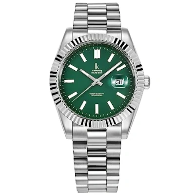 Image of Alienwork Watch Men Women Silver Stainless Steel Metal Strap Calendar Date Green Classic Elegant