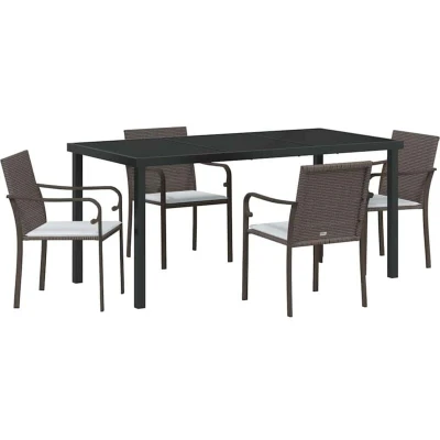 Image of vidaXL 5 Piece Garden Dining Set with Cushions Brown Poly Rattan