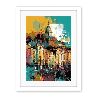 Image of Artery8 Nottingham City Modern Multicoloured Cityscape Artwork Framed Wall Art Print 18X24 Inch