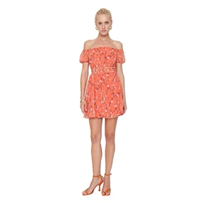 Image of Trendyol Women Petite Mini Skater Regular Woven Dress Orange