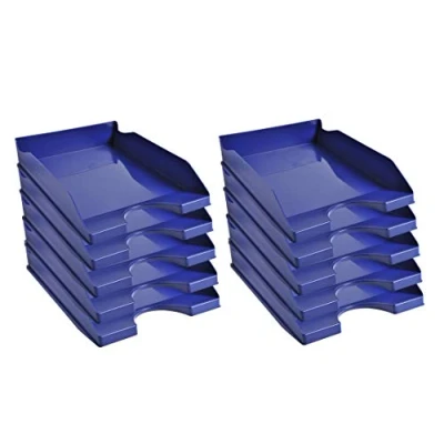 Image of Exacompta Ref. 123104D set of 10 ECOTRAY letter trays dimensions 34.5x25.5x6.5 cm for A4+ format documents midnight Blue color Angel certified