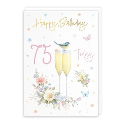 Image of Hunts England Champagne Flutes Pretty 75th Birthday Card Luxury Gold Foil Milo&#039;s Gallery Age 75 Female For Year Old Seventy Five A5 Size