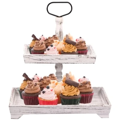 Image of Wood Cake Display Stand Retro 2 Tier Decor Fall Food Tray Farmhouse Fruit Serving Dessert with Metal Handle Detachable Afternoon Tea Cupcake for Wedding Thanksgiving(white)