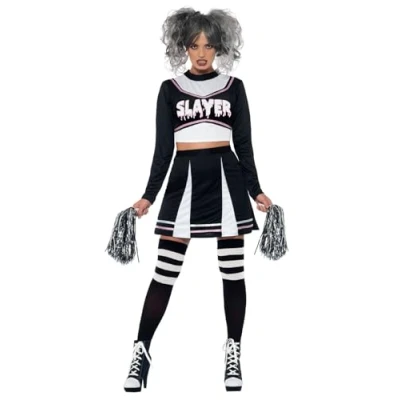 Image of Smiffys Fever Gothic Cheerleader Costume, Black with Crop Top, Skirt &amp; Pom Poms, Fancy Dress, Halloween Dress Up Costumes