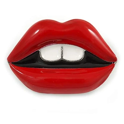 Image of Avalaya Funky Red Enamel Lips Brooch in Silver Tone Metal 37mm Across