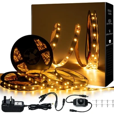 Image of GUOTONG Warm White LED Strip Lights, cuttable 600SMD 2835 Tape, 12V 40ft/12m 6000K Cool Stick on Tape for Under Cabinet, Bedroom, Kitchen…