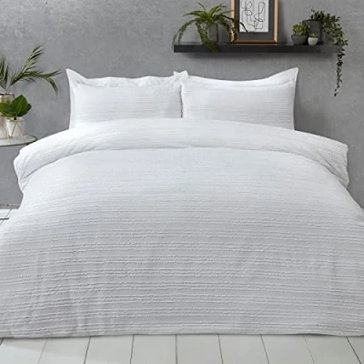 Image of Sleepdown Tufted Stripe White 100% Cotton Luxury Easy Care Soft Cosy Duvet Cover Quilt Bedding Set with Pillowcases Double (200cm x 200cm)