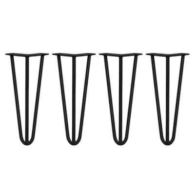 Image of 4 x Hairpin Table Legs with Free Screws &amp; Protector Feet Metal Heavy Duty DIY 12mm Black Steel 12&quot; 3 Prong…