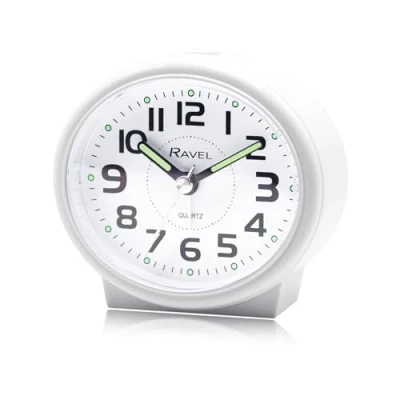 Image of Ravel Oval Modern Midsize Bedside Alarm Clock with Snooze and Light Analogue Quartz RC046 .4 White