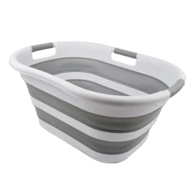Image of SAMMART 40L Collapsible Plastic Laundry Basket Space Saving Storage Container/Organizer Portable Washing Tub Foldable Pop Up Hamper/Basket (1, White/Grey)