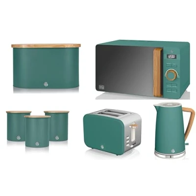 Image of Swan Products Nordic 7 Piece Kitchen Set in Green Including 1.7L Jug Kettle, 2 Slice Toaster, 800W 20L Microwave, Bread Bin &amp; Tea, Coffee, Sugar Canisters. Scandinavian Style Matching