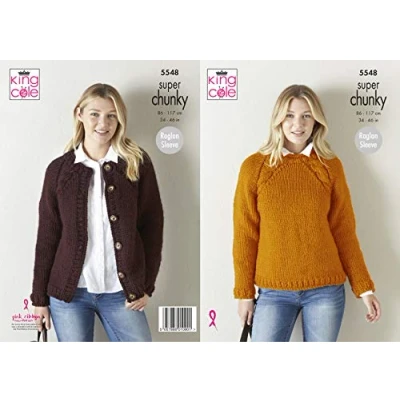 Image of King Cole Ladies Super Chunky Knitting Pattern Womens Raglan Sweater &amp; Cardigan (5548)