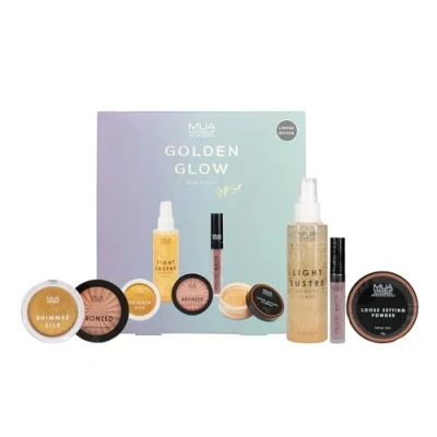 Image of MUA GOLDEN GLOW 5PC (HIGHLIGHT, SHIM SPRAY, LIPSTICK, BRONZER &amp; POWDER)