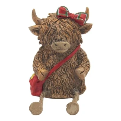 Image of Lesser &amp; Pavey Happy Highland, Highland Cow Tartan Bow/Bag Figurines Statues For Home Decor Ideal Ornaments Friendship Gifts Women Men Lovely Table Centerpiece Living Room Accessories