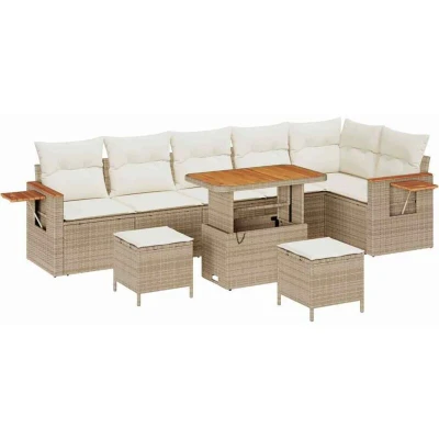 Image of vidaXL 9 Piece Garden Sofa Set with Cushions Beige Poly Rattan Acacia