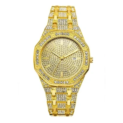 Image of JewelryWe Men Women Iced Out Watches Gold Tone Quartz Watch Stylish Rhinestone Business Casual Dress Wristwatches for Halloween