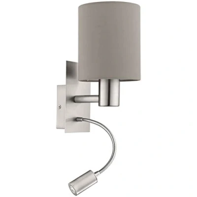 Image of Eglo Pasteri 2 Bulb LED Fabric Wall Lamp, Steel and Bedside Light Coloured in Nickel Matt Taupe, E27 Socket, incl. Switch Flexible Reading