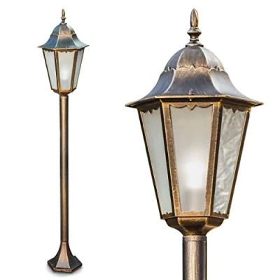 Image of Outdoor lamp Hong Kong Frost, Floor in Antique Look, cast Aluminium Brown/Gold with Frosted Glass panes, Pathway 122 cm, Vintage Garden lamp, E27 Socket, IP44, Without Bulbs