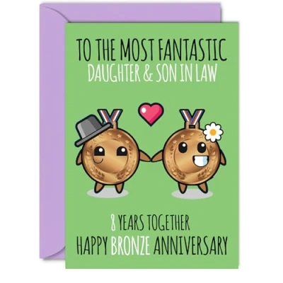 Image of Cute Bronze Anniversary Card for Daughter &amp; Son In Law 8 Years Together Happy 8th Wedding Cards Daughter, A5 Greeting Eighth Anniversaries