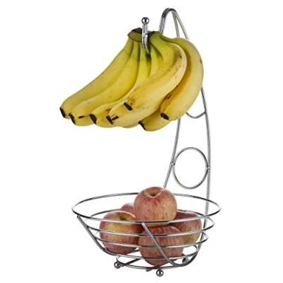 Image of EXZACT Fruit Basket Bowl with Banana Hook 43cm Tall, Wired Rack/Banna Stand Hanger Silvery Chrome Finish