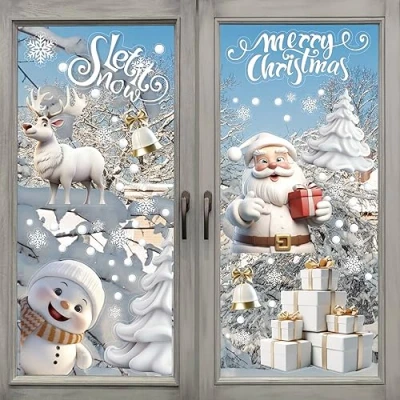Image of LOKIPA 8 Sheets Christmas Window Stickers Cling Decal White Stereo Static Sticker for Xmas Decoration