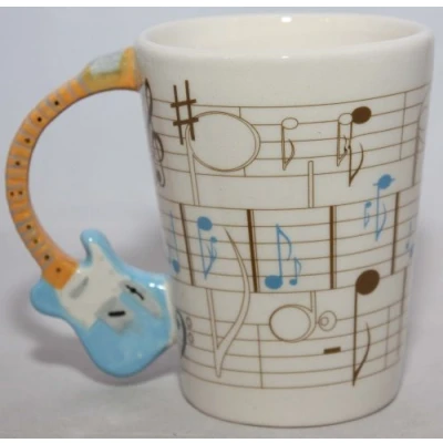 Image of Acoustic Guitar Mug with Shaped Handle and Sheet Music Design
