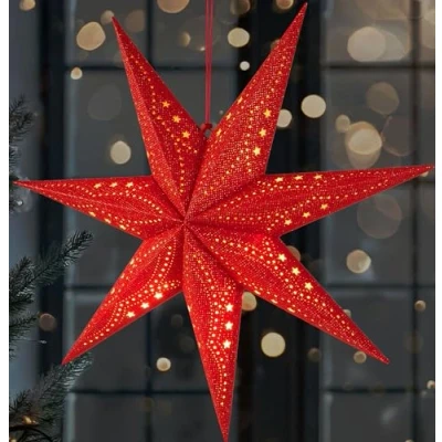 Image of BRUBAKER 3D Christmas Star to Hang Up LED Paper with Timer 23.6 inches (60 cm) Advent Modern Pattern Battery Operated and Illuminated Decoration for Windows Red