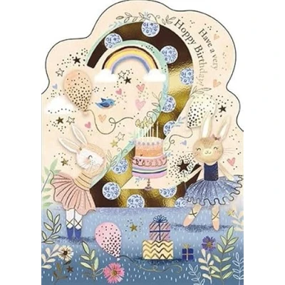 Image of Girls 2nd Birthday Card Age 2 Ballerina Bunny Rabbits and Cake with Foil Finish Eco Friendly Recyclable by Paper House