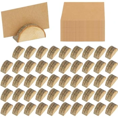 Image of BELLE VOUS 50 Pack of Wood Place Card Holders &amp; Cards Rustic Wooden Stands for Table Numbers, Name/Place Cards, Birthday/Wedding Signs, Party Decoration, Photos and Memo/Note Clips