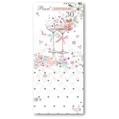 Image of Paper Rose 30th Milestone Pearl Anniversary Card 30 Years Floral Champagne Flutes with Foil Details Eco Friendly and Recyclable