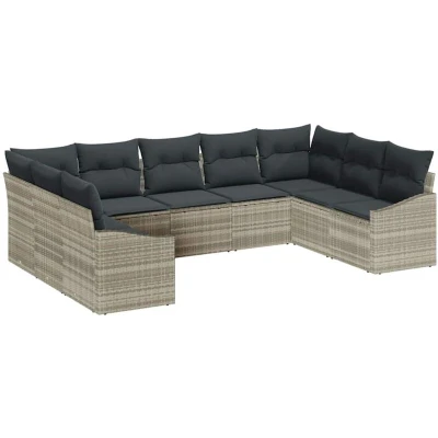 Image of vidaXL 9 Piece Garden Dining Set with Cushions in Light Grey Poly Rattan