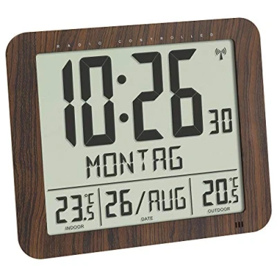 Image of TFA Dostmann Radio Wall Clock Wood Look, 60.4518.08, Transmitter, Indoor and Outdoor Temperature, Easy to Read, with Date Day of The Week, Brown, (L) 248 x (B) 25 (73) (H) 206 mm