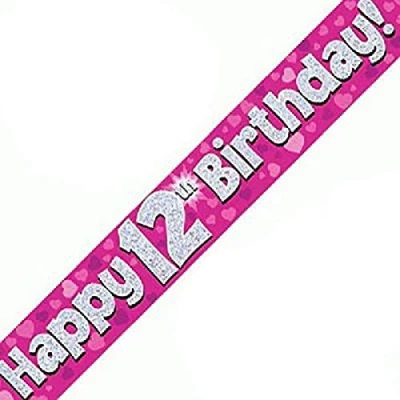 Image of 9ft Banner Happy 12th Birthday Pink Holographic