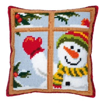 Image of Vervaco Snowman Looking Out Window Cross Stitch Cushion, Multi Colour