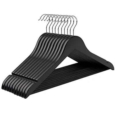 Image of SONGMICS Wooden Hangers, Set of 10, Solid Wood Notches in the Shoulder Area, Non Slip Trouser Bar, 360 Rotating Hook, for Suits, Shirts, Black Silver, CRW02B10