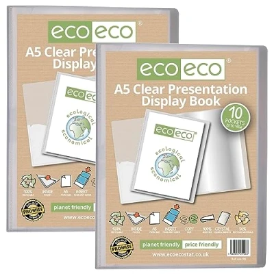 Image of eco A5 Size 50 Percent Recycled 10 Pocket Clear Presentation Display Book, Storage Case Portfolio Art Folder with Plastic Sleeves, Pack of 2, eco126x2