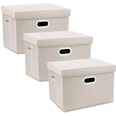 Image of TYEERS Large Storage Box with Lid, Collapsible, Washable, Fabric for Clothes, Wardrobe Storage, 44x30x29 cm, Set of 3, Beige