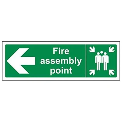 Image of V Safety Fire Assembly Point Arrow Left Sign Landscape 300 mm x 100 2 Rigid Plastic