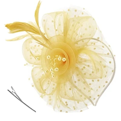 Image of DRESHOW Fascinators Hat Flower Mesh Ribbons Feathers on a Headband and Forked Clip Cocktail Tea Party Headwear for Girls Women