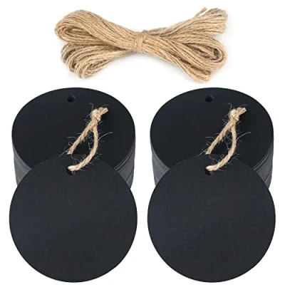 Image of Round Tags,100PCS Paper Gift Tags, 5.5 cm Black Labels Tags with Free 20 Meters Jute Twine for Crafts Hang Price DIY