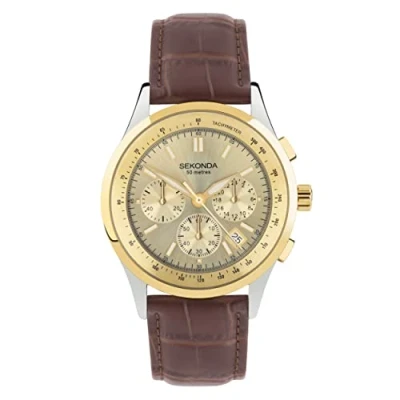 Image of Sekonda Racer Mens 42mm Quartz Watch in Champagne with Analogue Date Display, and Brown Leather Strap 30110