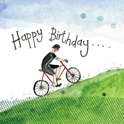 Image of Alex Clark Happy Birthday Hill Climb Cyclist Foil Card Bike Scenic Nature Greeting Cards To Celebrate Designed and Printed in the UK…
