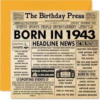Image of 81st Birthday Cards for Men Women Born In 1943 Newspaper Happy 81 Card Grandad Grandma Nan Vintage Retro Back 1943, 145mm x Eighty One First Bday Greeting